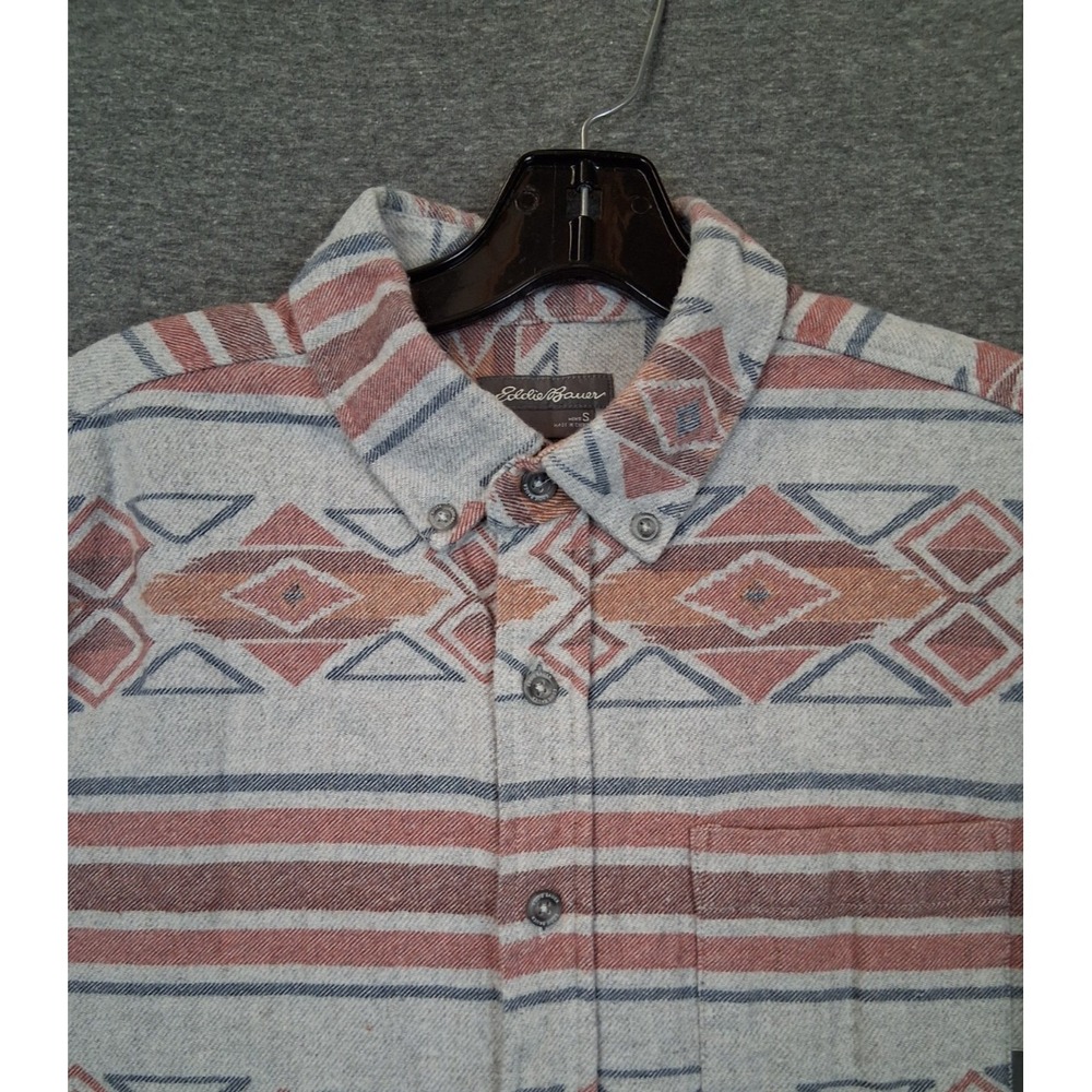 Eddie Bauer Mens Shirt Small Gray Red Aztec Flannel Button Down Gorp PNW Fall